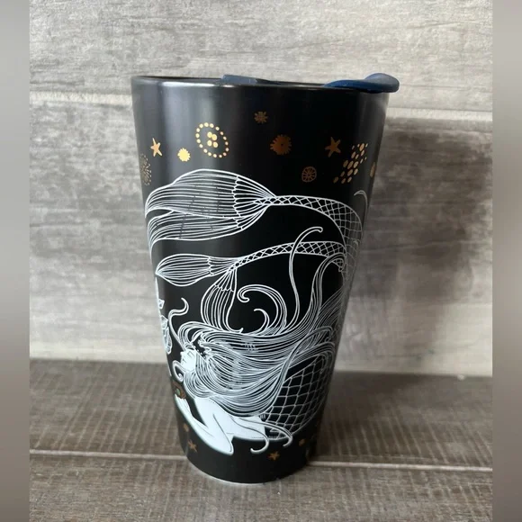 Starbucks 2019 Black White Mermaid Siren 12 oz Ceramic Travel Tumbler Cup  w/ Lid